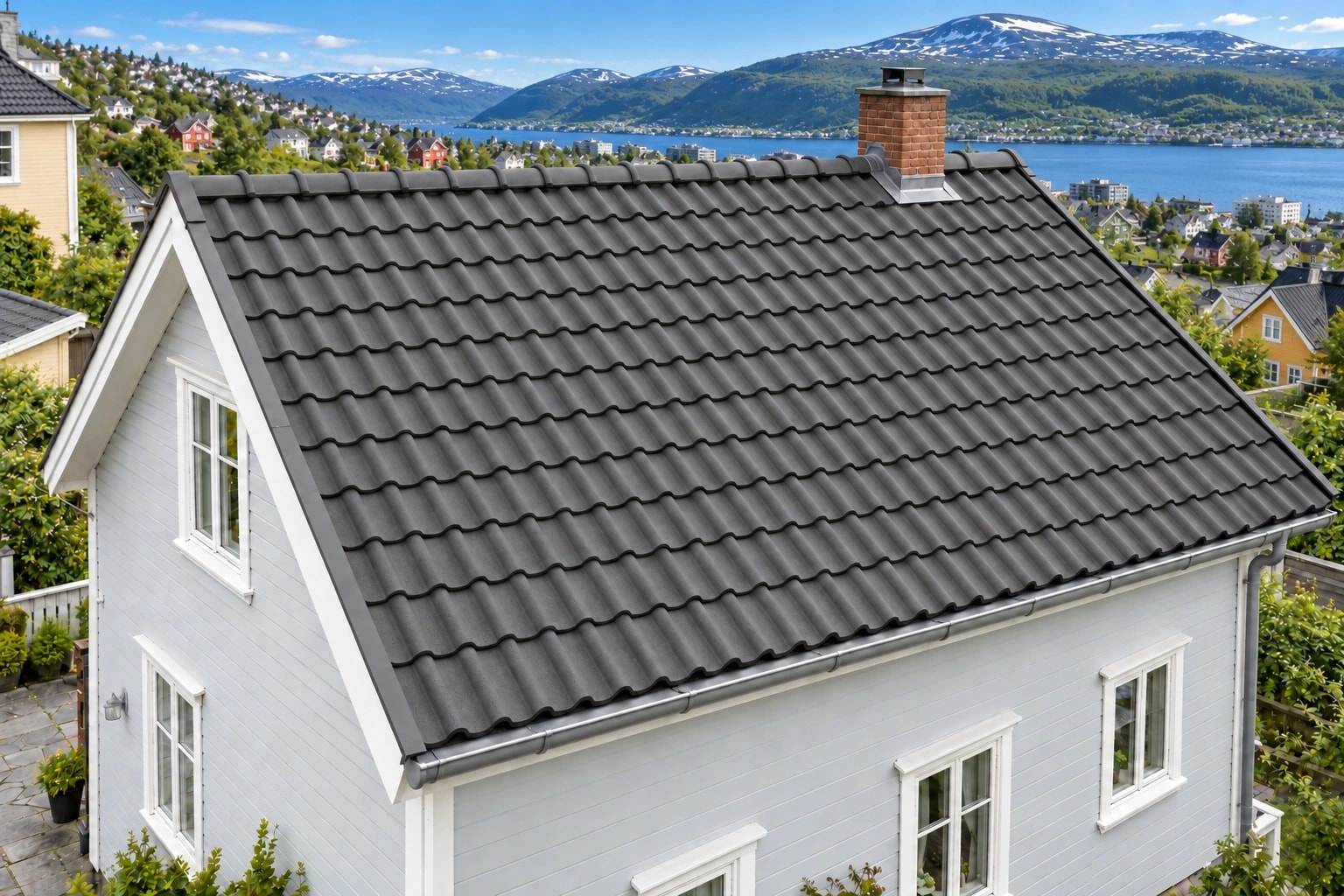 Illustrasjon av huset med ny takstein og nye beslag